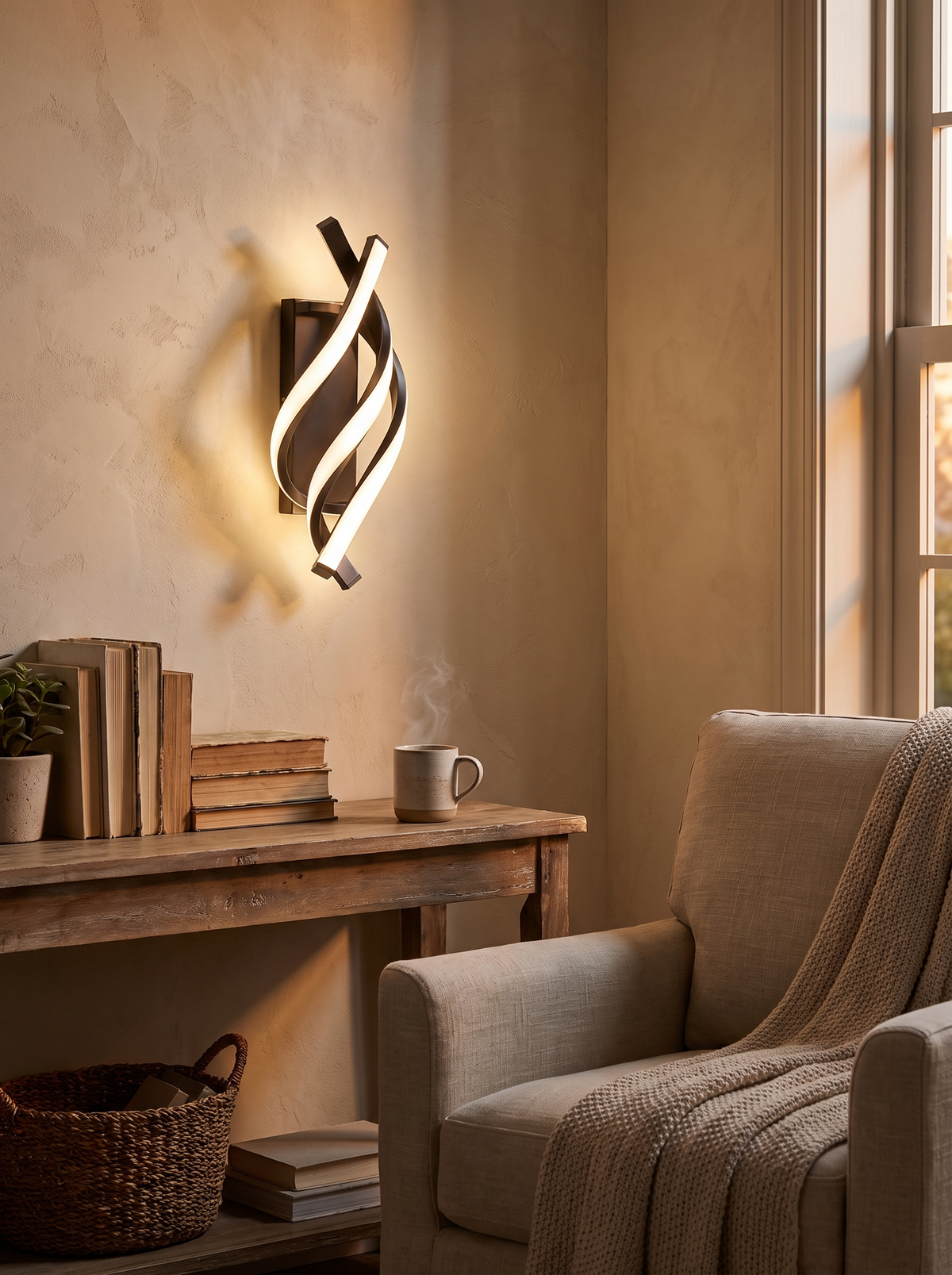 Curved Spiral LED Wall Lamp in a lifestyle setting: A Glow With Movement