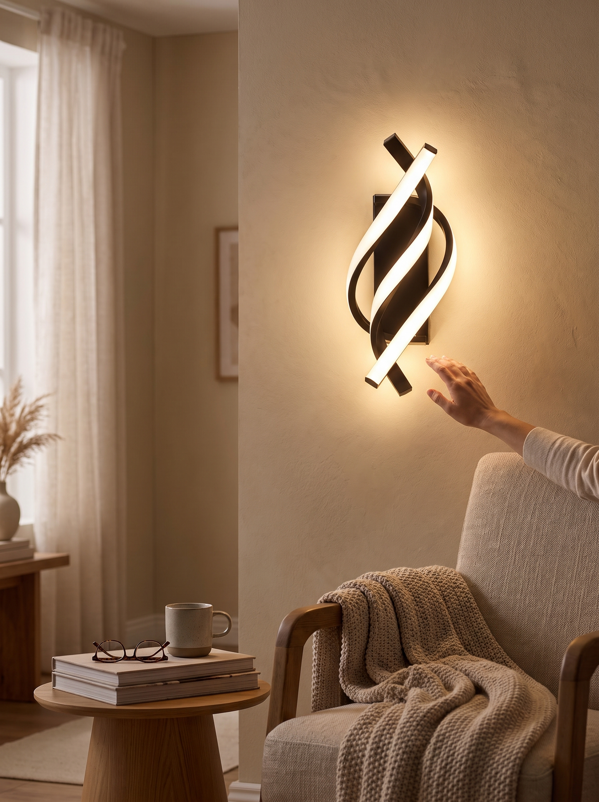 Curved Spiral LED Wall Lamp in a lifestyle setting: Statement Lighting, Simplified