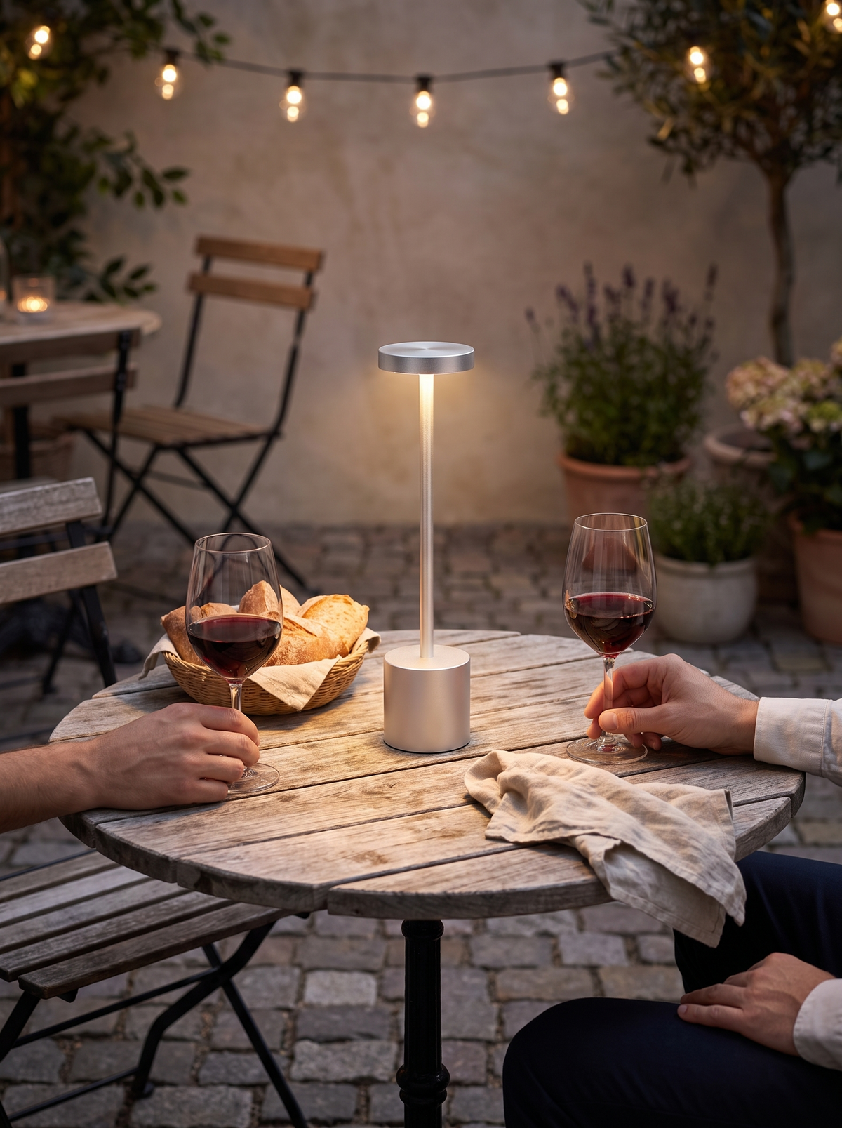 Cordless Metal LED Table Lamp in a lifestyle setting: Bistro Style, Anywhere