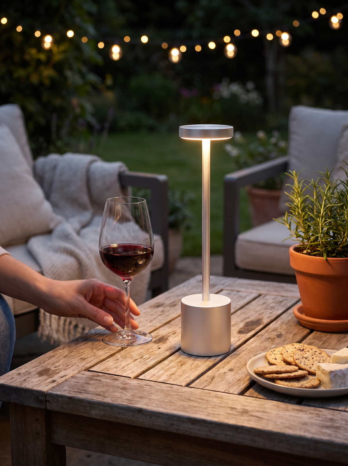 Cordless Metal LED Table Lamp in a lifestyle setting: Take It Where the Evening Goes