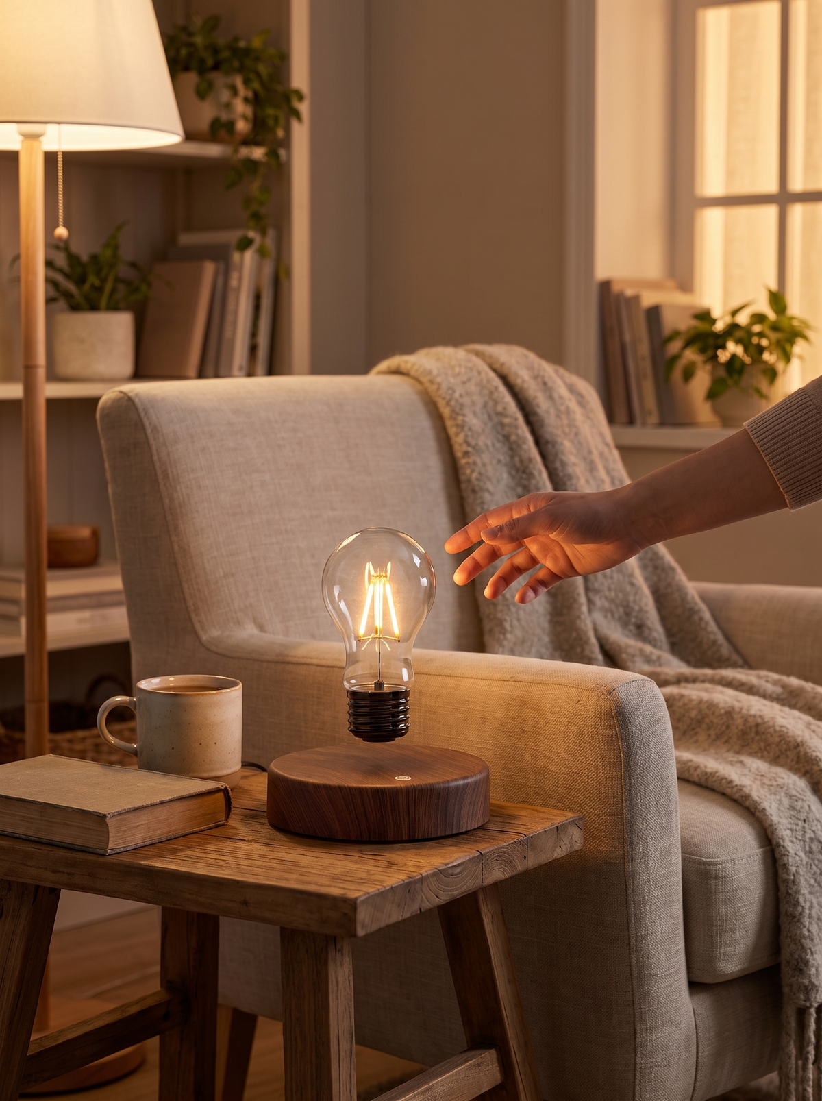 Magnetic Levitation Floating Bulb Lamp in a lifestyle setting: Warm Wood, Soft Glow