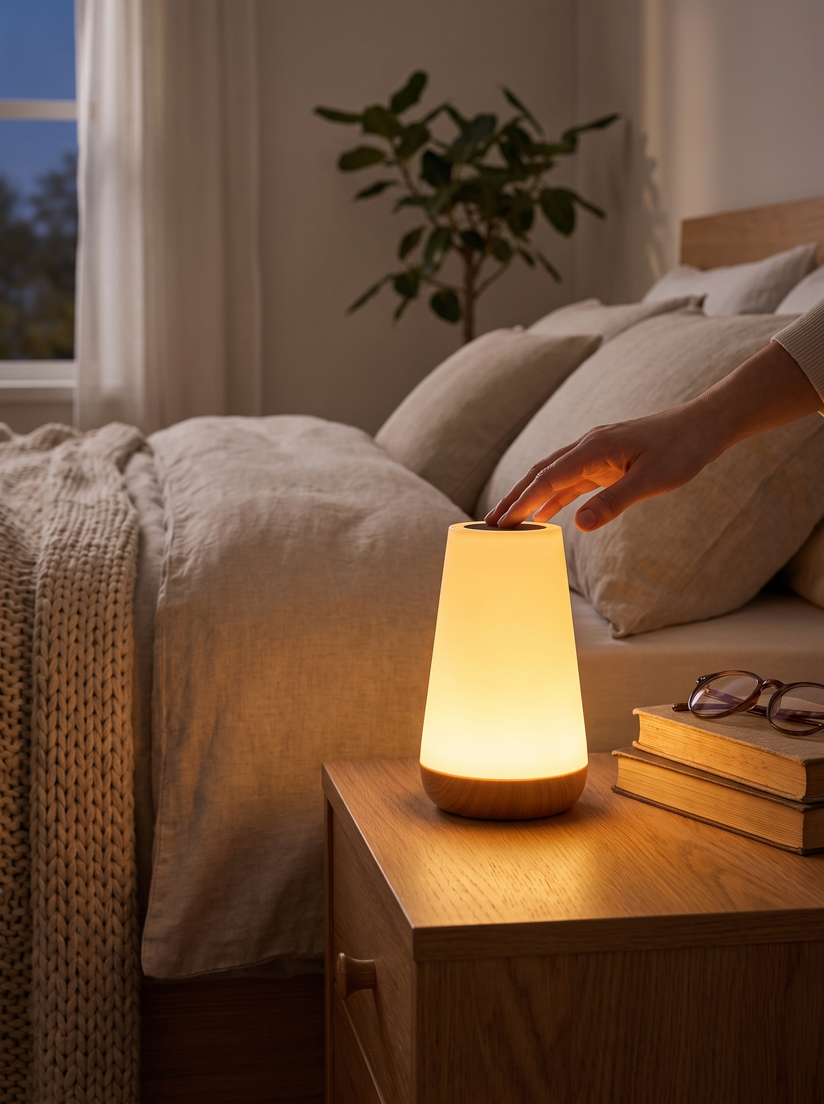 13-Color Rechargeable LED Night Light in a lifestyle setting: Dim, Bright, or In Between
