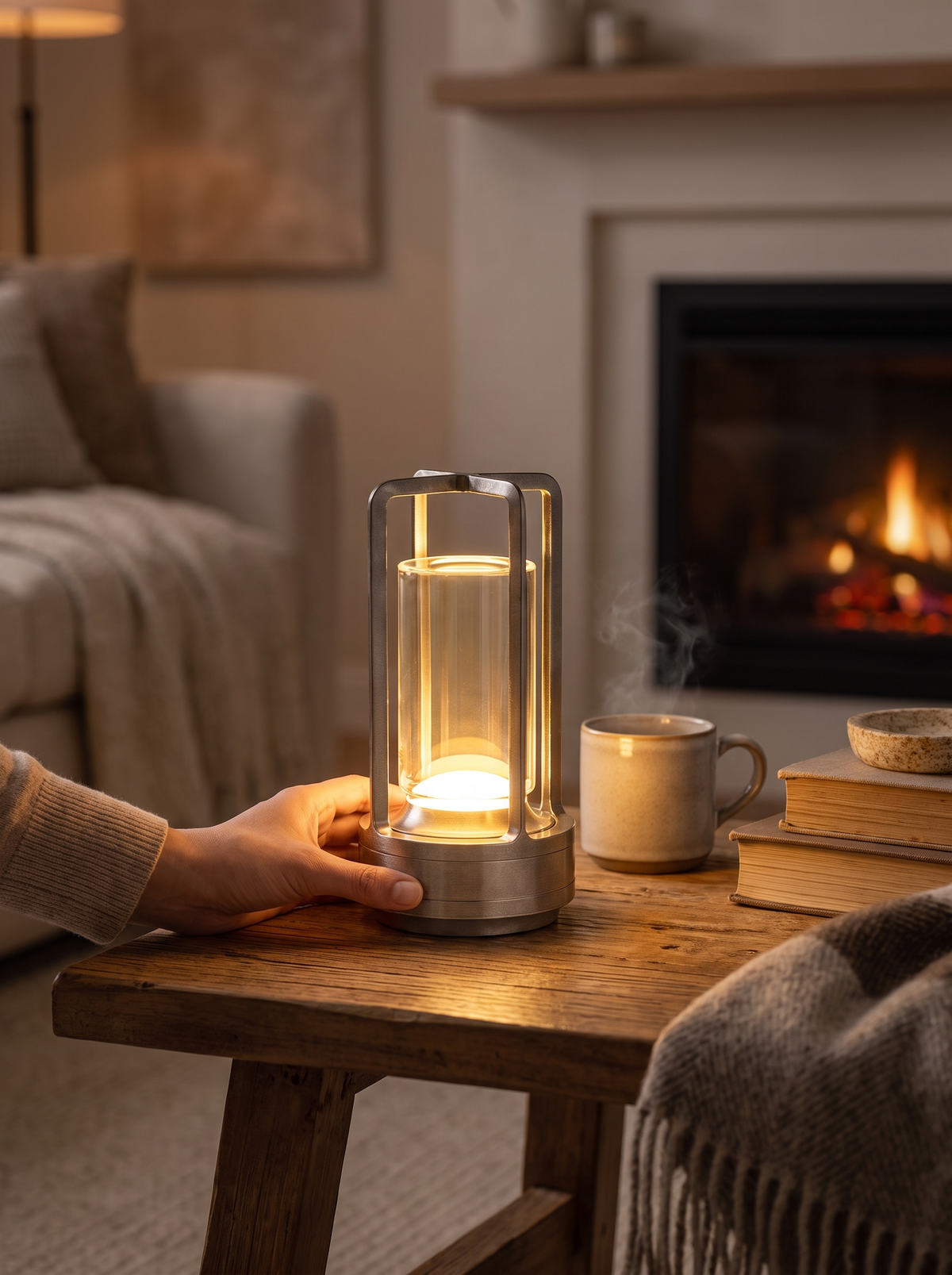 Cordless Rechargeable LED Mood Lamp in a lifestyle setting: Flattering, Warm Glow