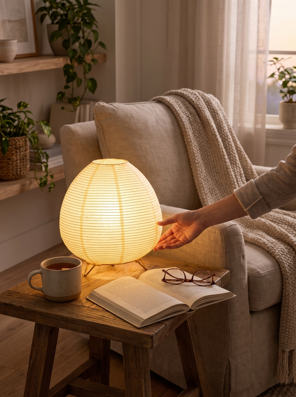 Japanese Rice Paper Lantern Table Lamp in a lifestyle setting: Made for Slow Evenings