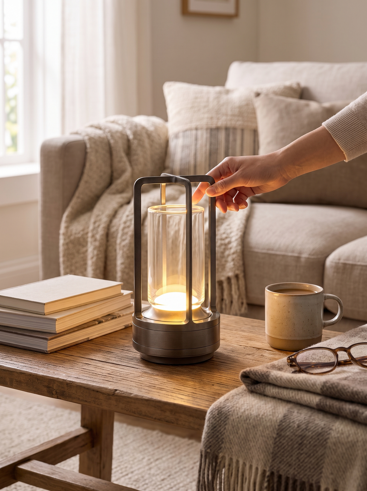 Cordless Rechargeable Acrylic Table Lamp in a lifestyle setting: Clear Acrylic Elegance