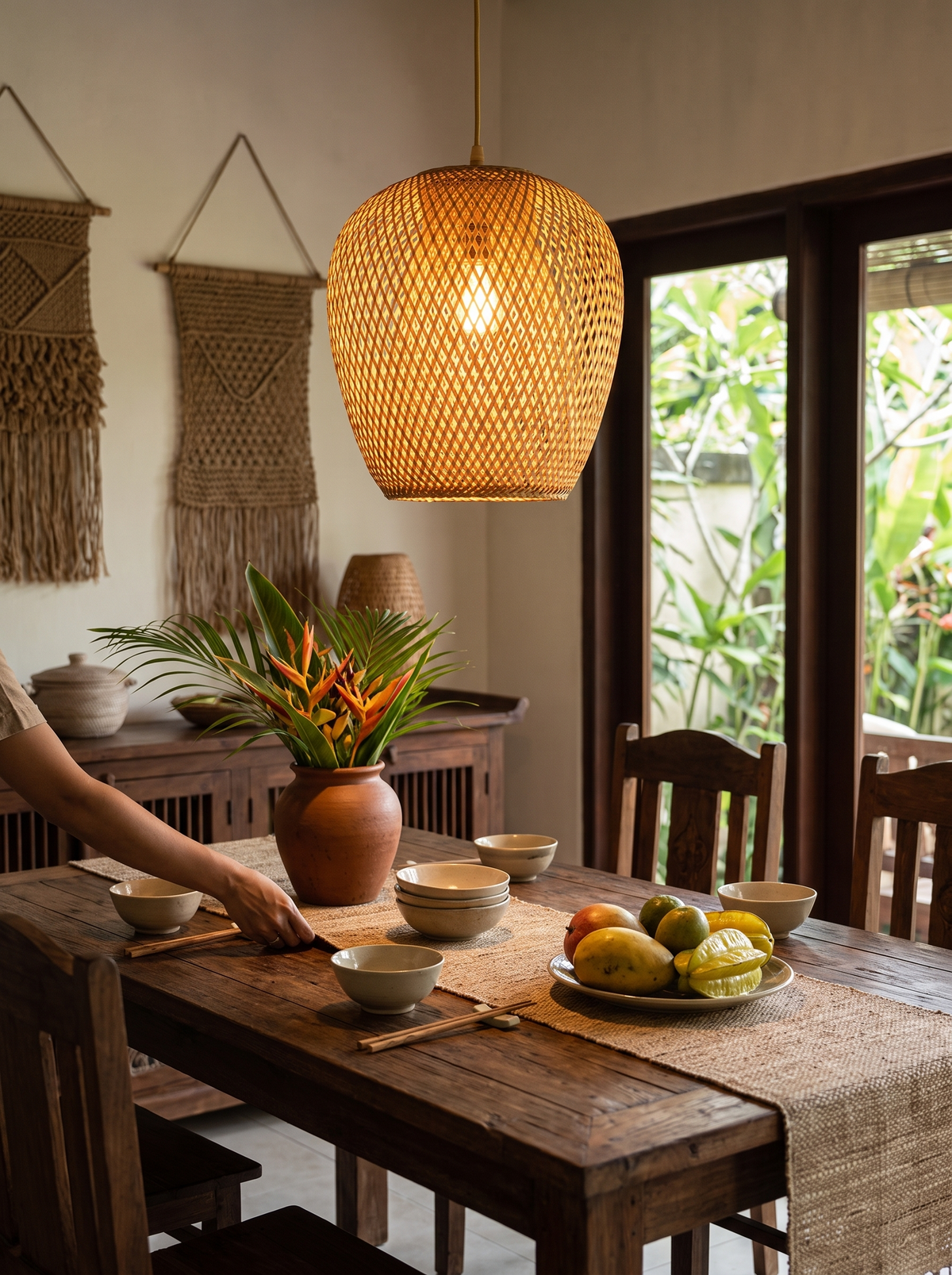 Handwoven Bamboo Pendant Light in a lifestyle setting: Southeast Asian Inspiration