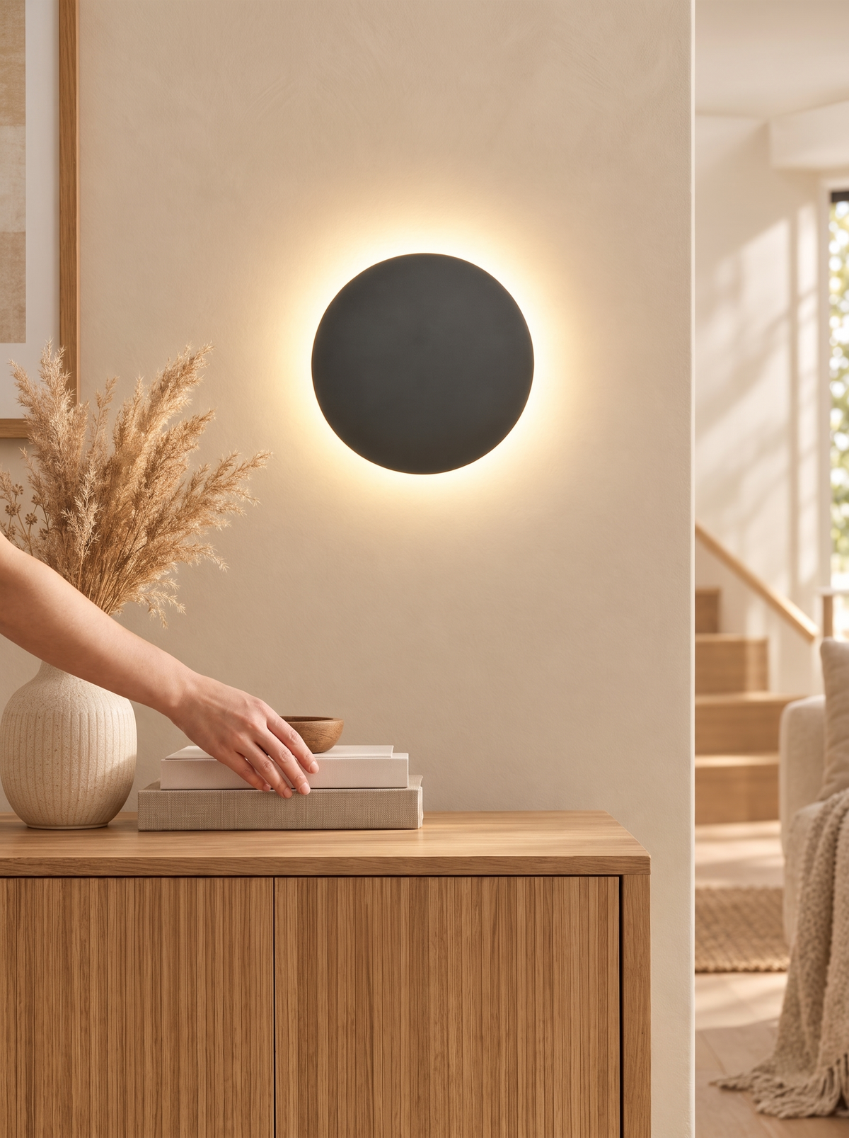 Modern Round LED Wall Sconce in a lifestyle setting: Architectural, Not Busy