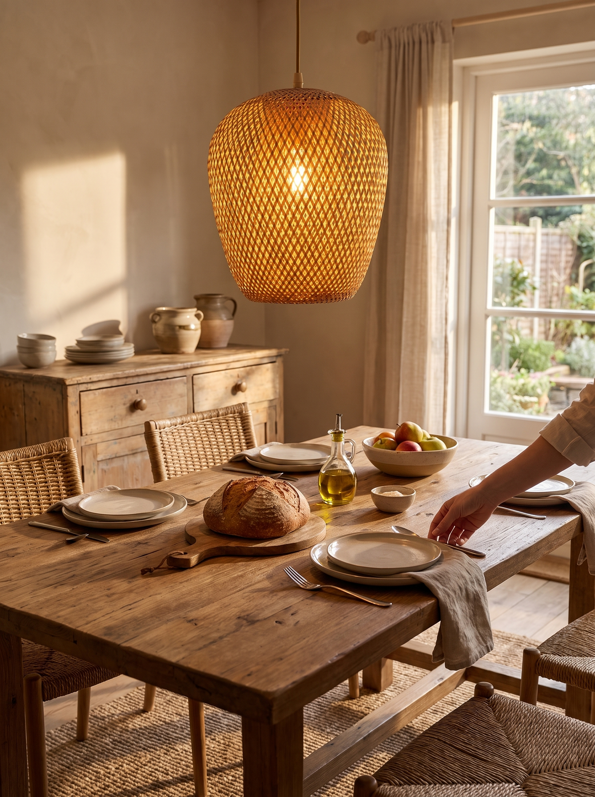 Handwoven Bamboo Pendant Light in a lifestyle setting: Woven by Hand
