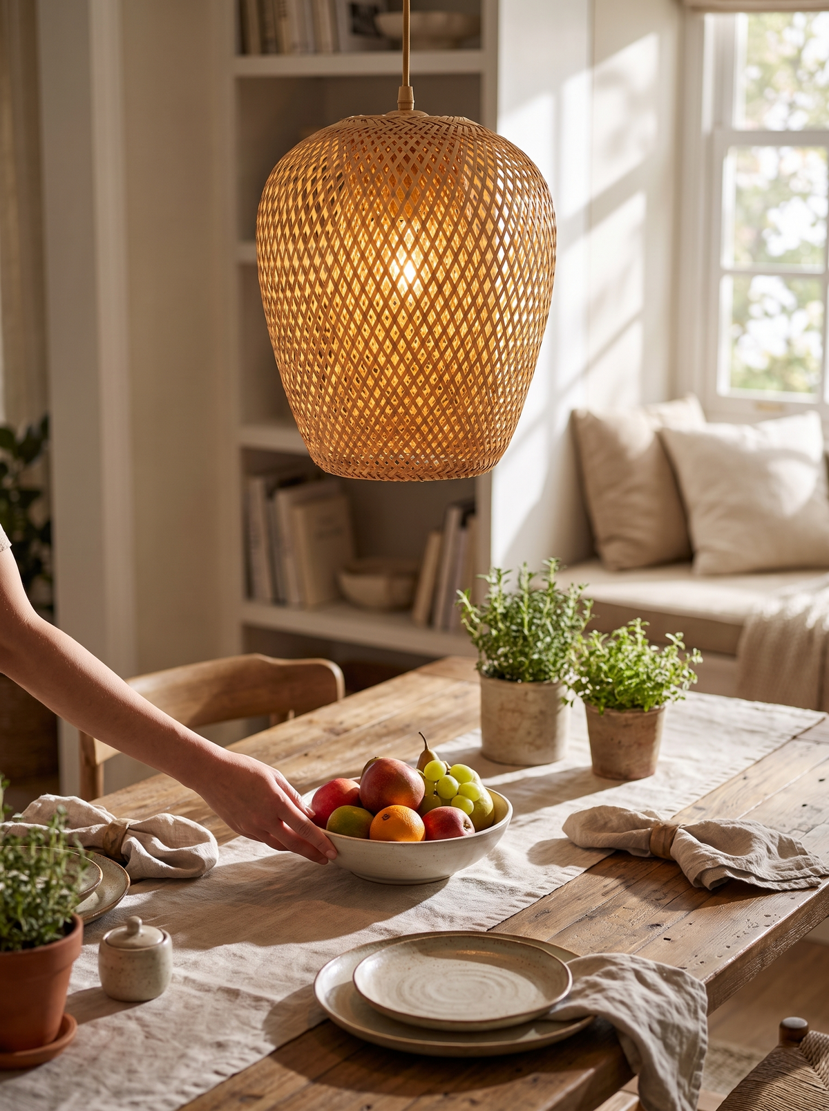Handwoven Bamboo Pendant Light in a lifestyle setting: Dappled Light, Beautiful Shadows