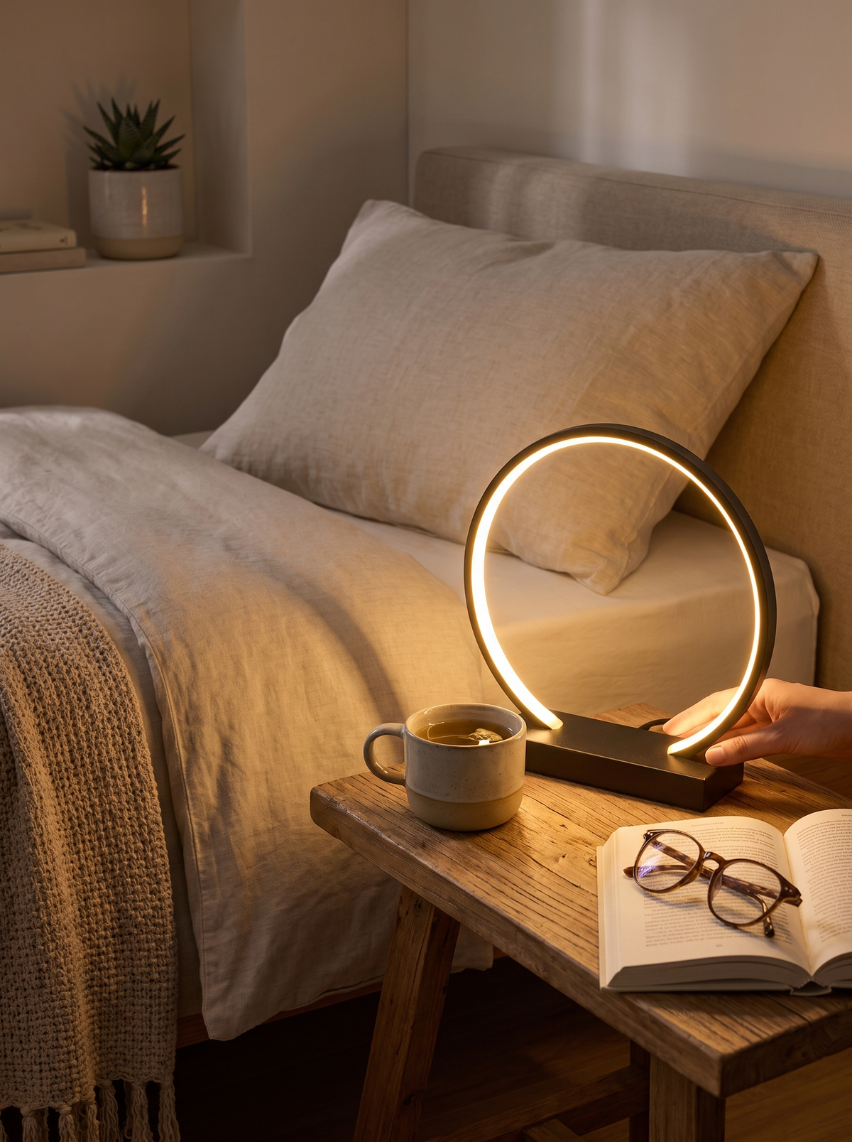 LED Ring Ambient Night Light in a lifestyle setting: Beautiful On or Off