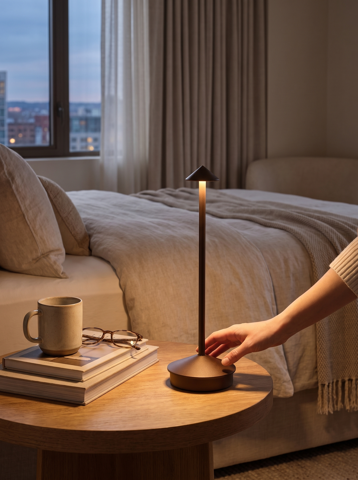 Cordless Aluminum LED Table Lamp in a lifestyle setting: From Home to Hotel