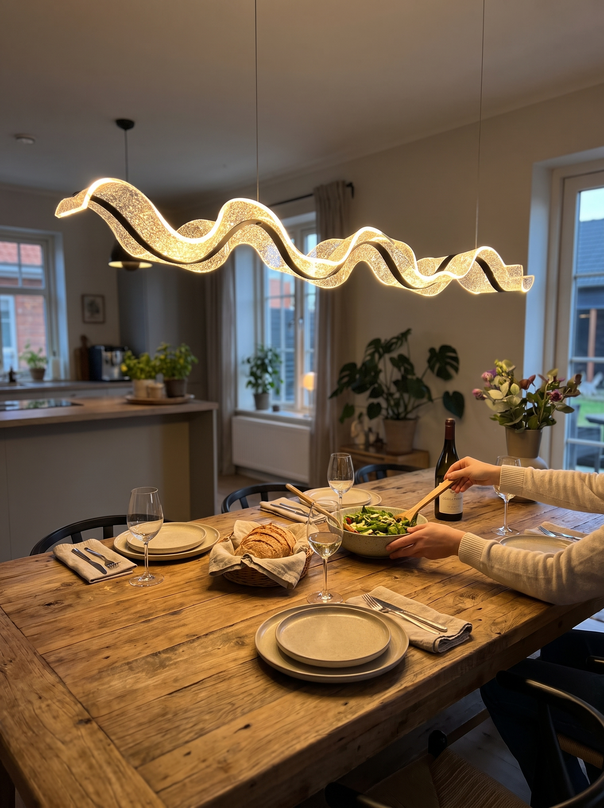 Modern Linear LED Pendant Light in a lifestyle setting: Made for Tables and Islands