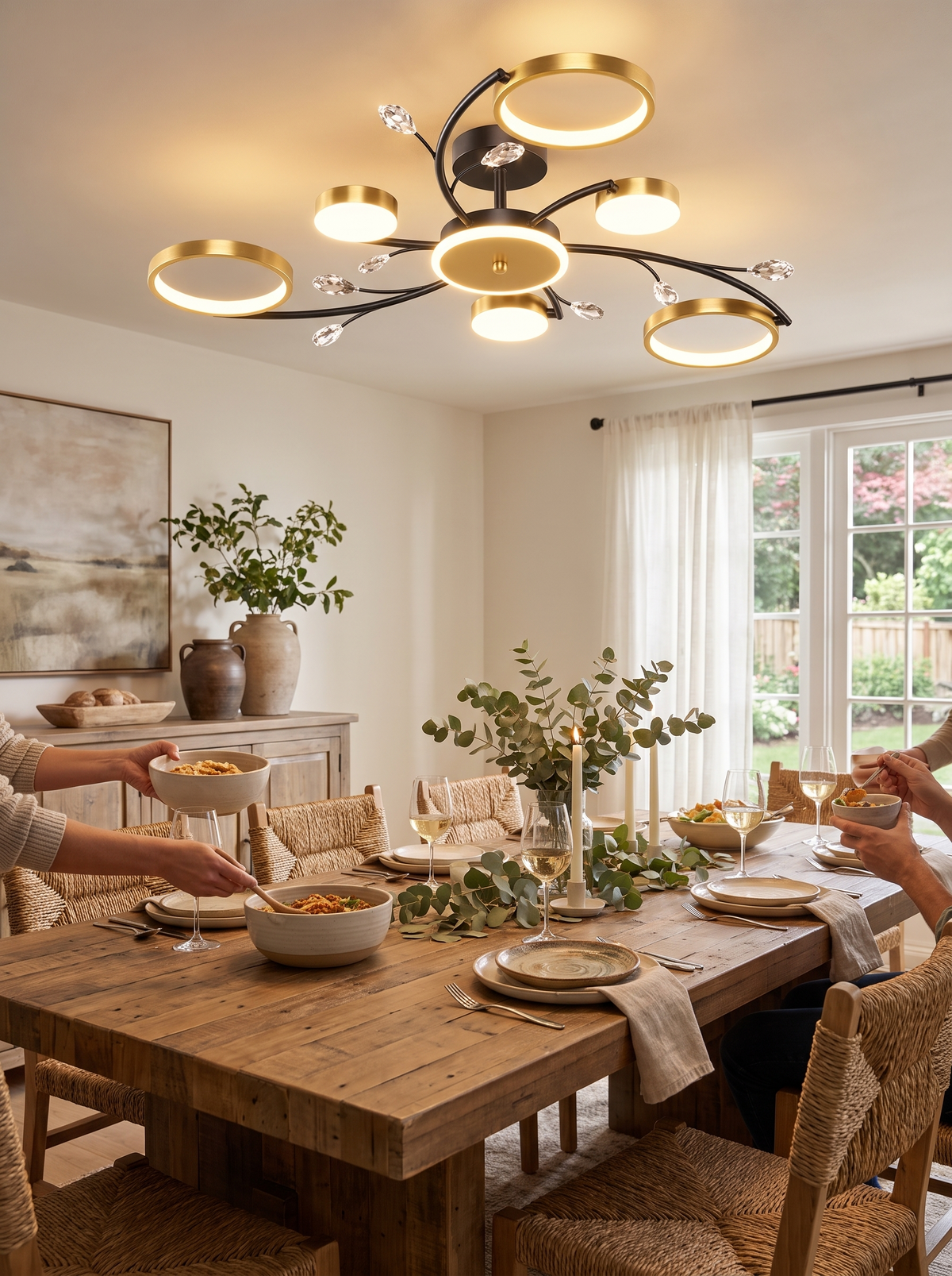 Round LED Chandelier with Remote in a lifestyle setting: Fits Every Room