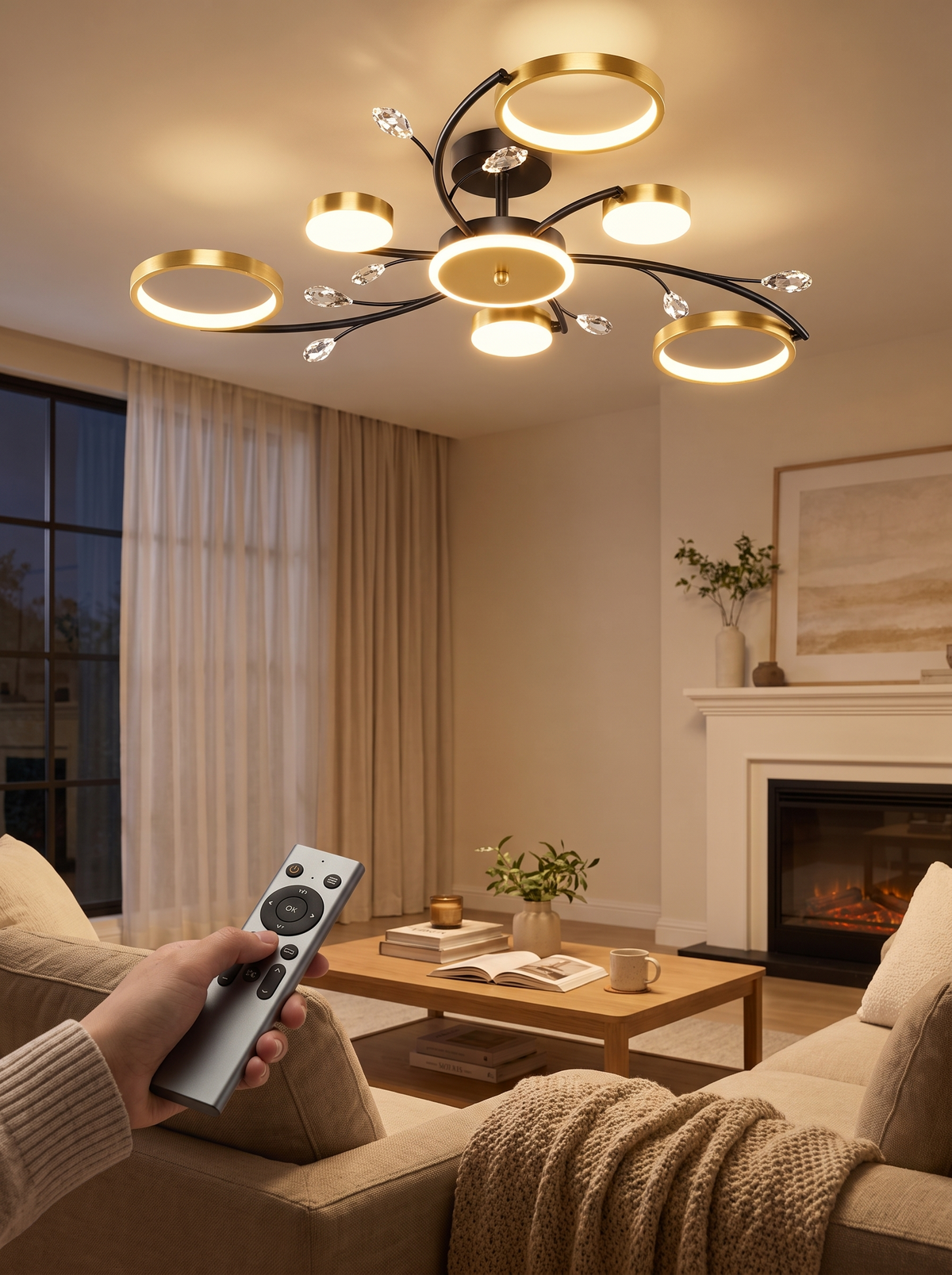 Round LED Chandelier with Remote in a lifestyle setting: Control From Your Couch