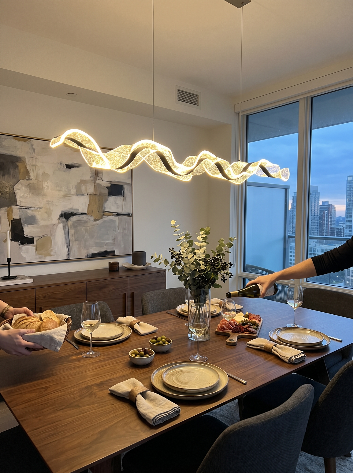 Modern Linear LED Pendant Light in a lifestyle setting: Contemporary and Bold