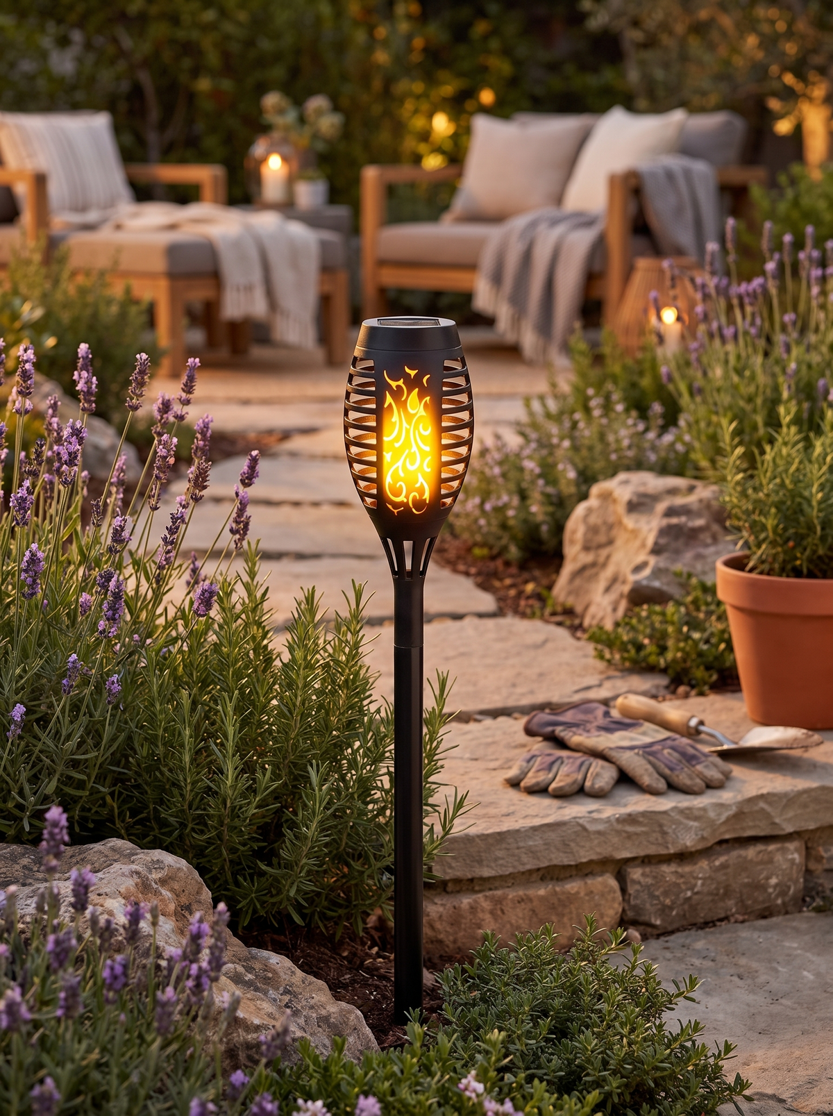 Solar Flickering Flame Torch Light in a lifestyle setting: No Matches, No Fuel, No Wiring