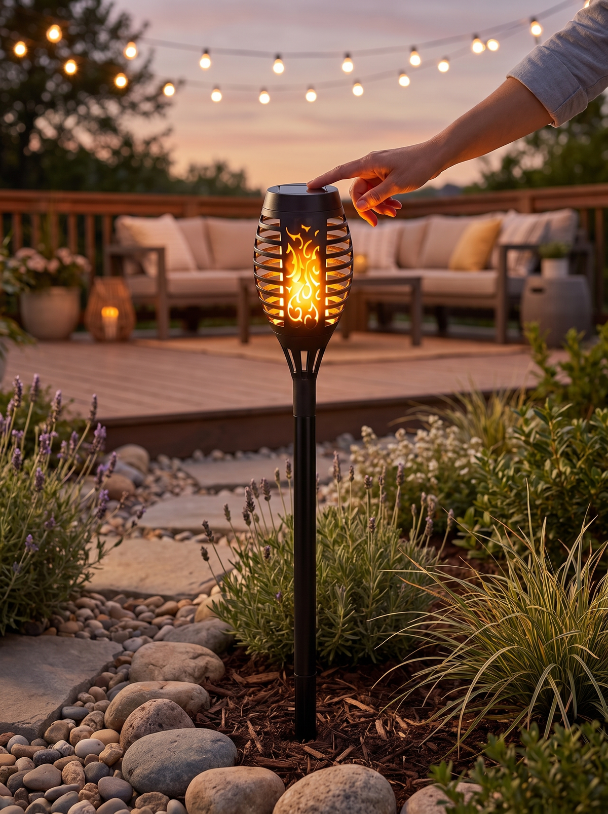 Solar Flickering Flame Torch Light in a lifestyle setting: Real Torch Glow, No Flame