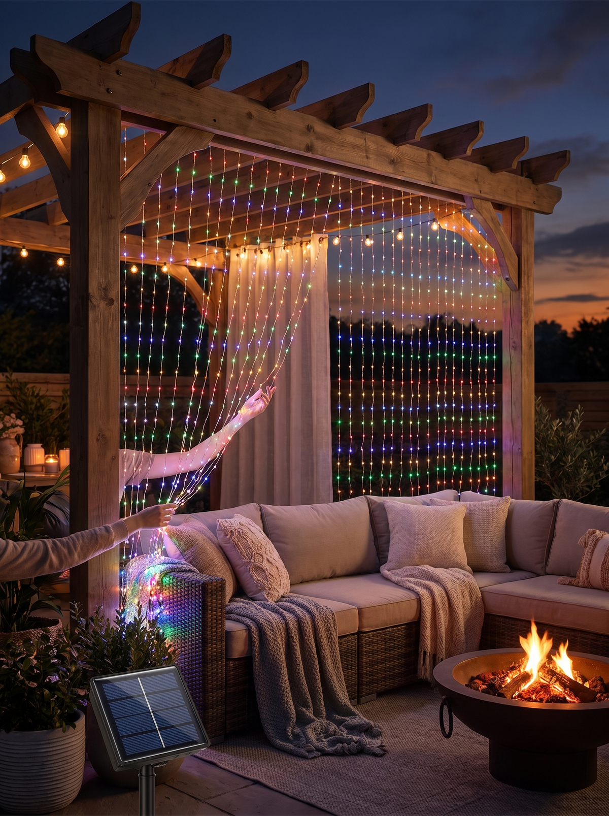 Solar Copper Wire Curtain Lights in a lifestyle setting: A Waterfall of Light