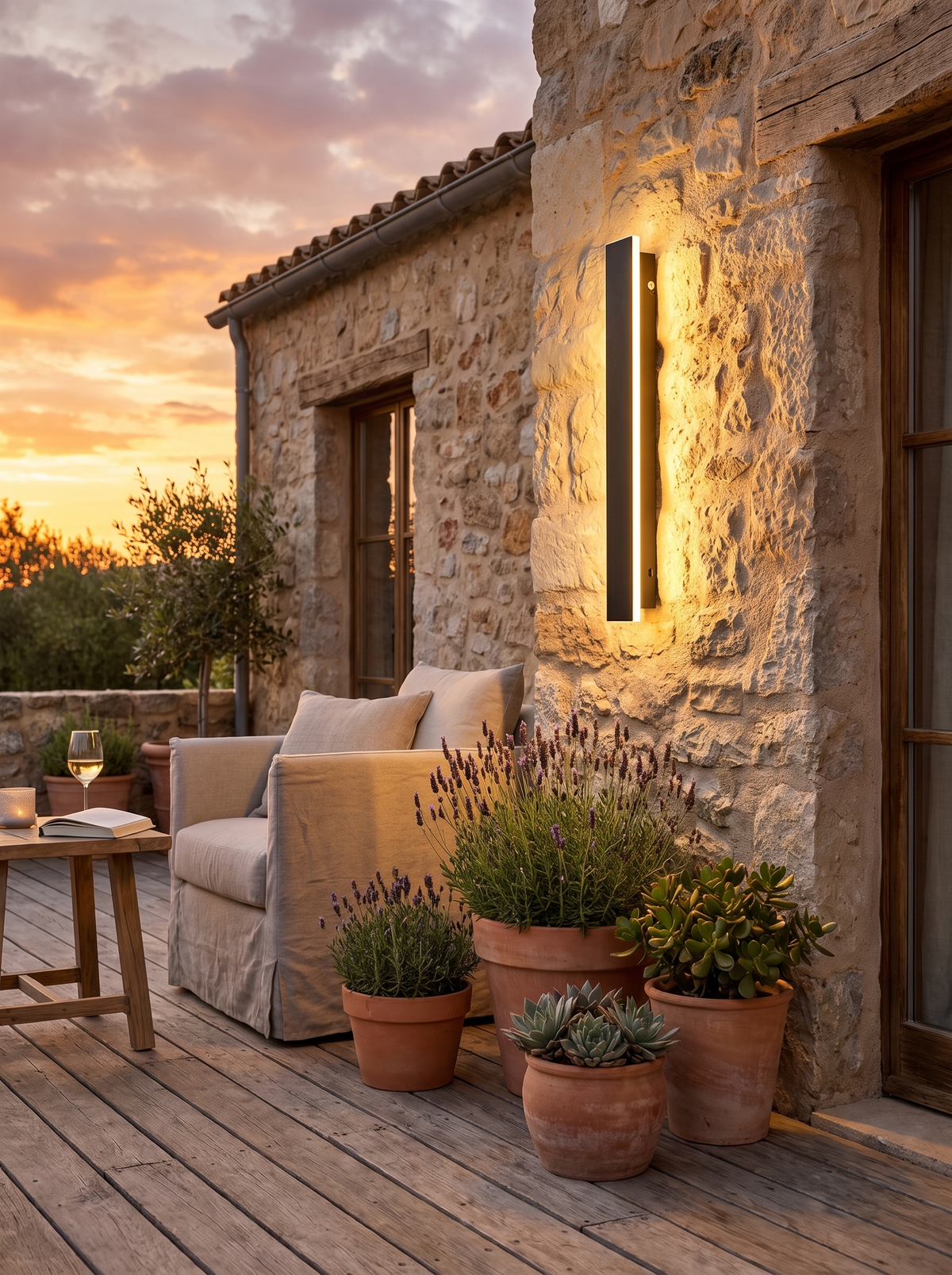 Modern Linear LED Outdoor Wall Light in a lifestyle setting: Built for Outside