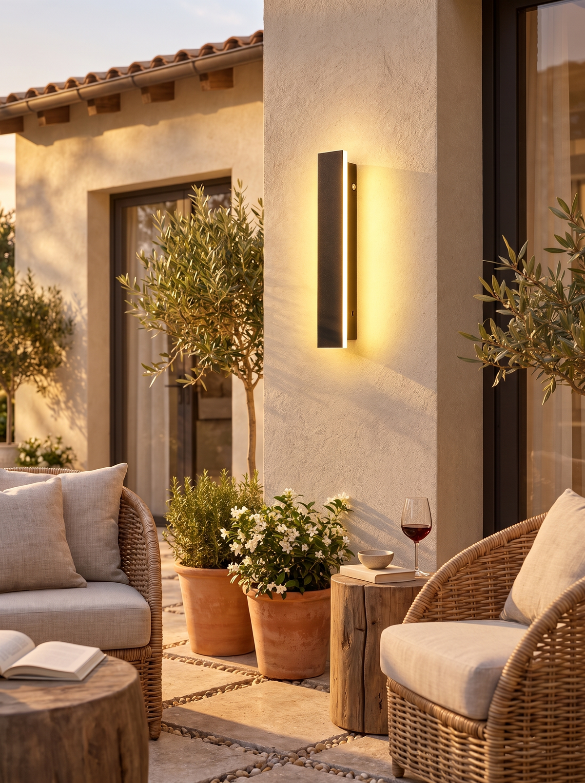 Modern Linear LED Outdoor Wall Light in a lifestyle setting: Light in Every Direction