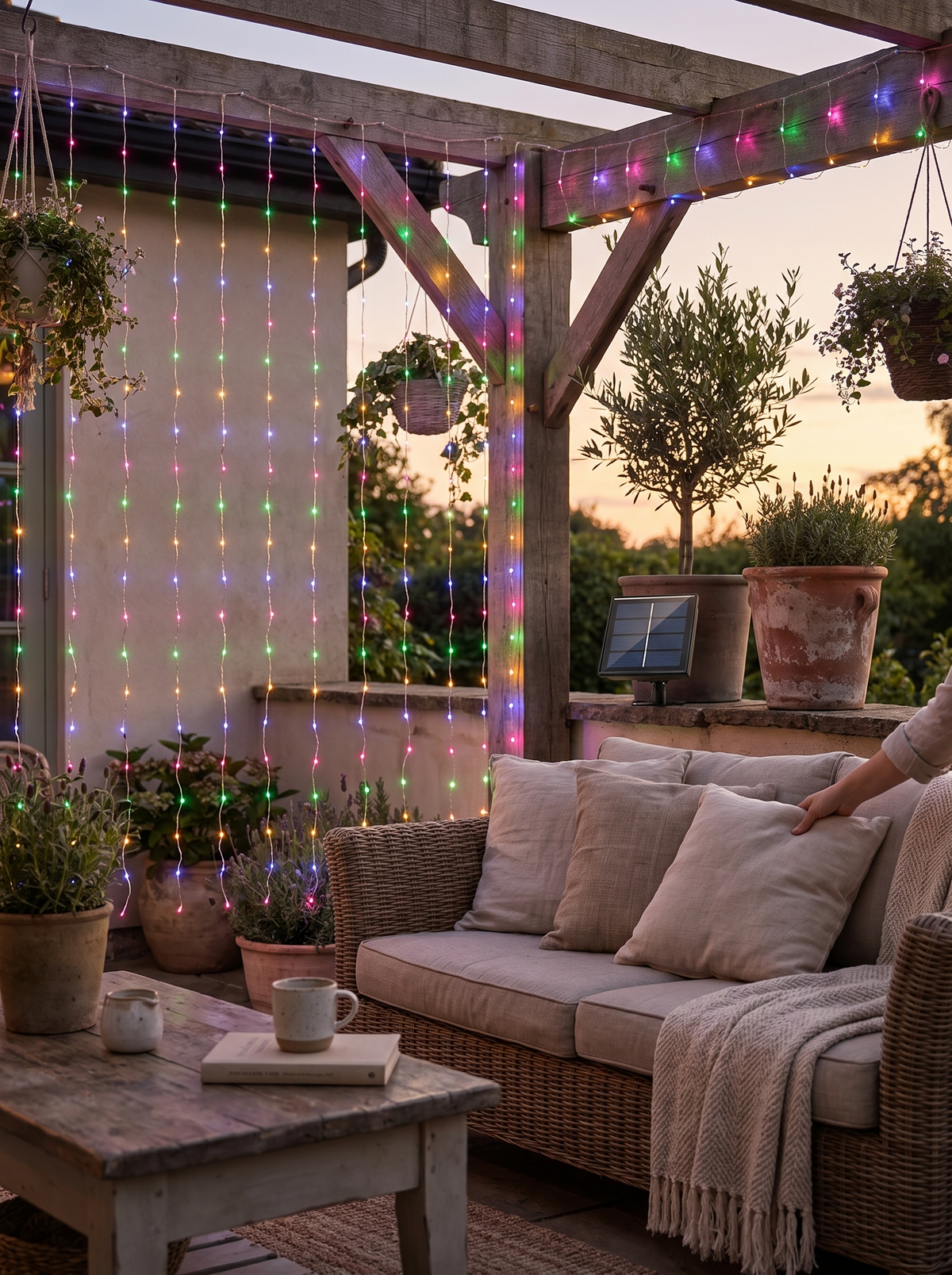 Solar Copper Wire Curtain Lights in a lifestyle setting: Charged by the Sun