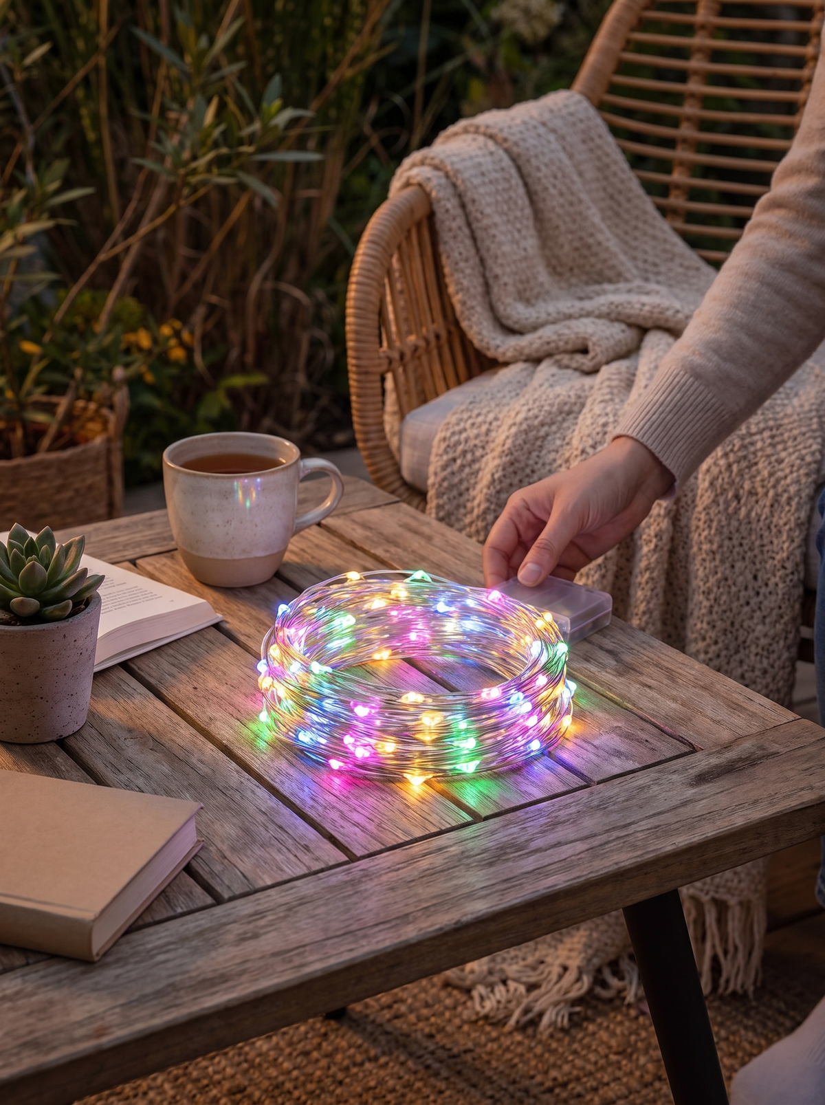 Battery LED Fairy String Lights in a lifestyle setting: No Outlet Needed