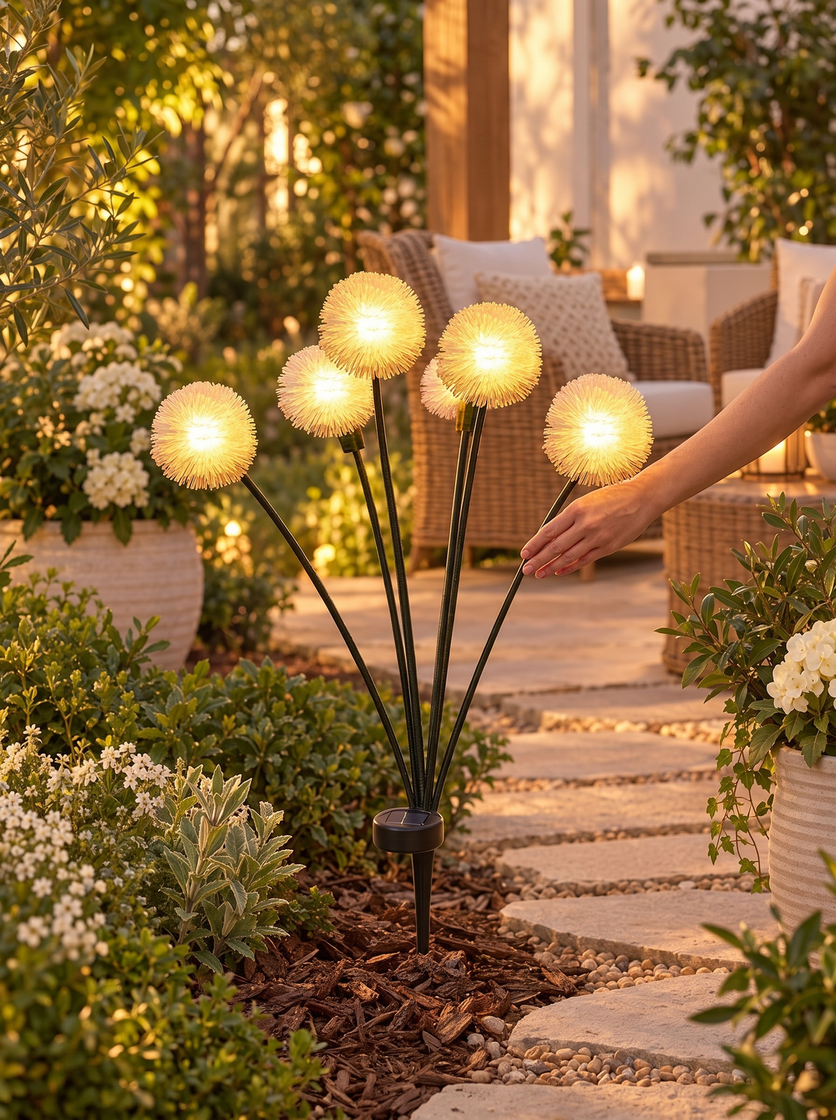 Solar Dandelion Garden Stake Lights in a lifestyle setting: Powered by Sunshine