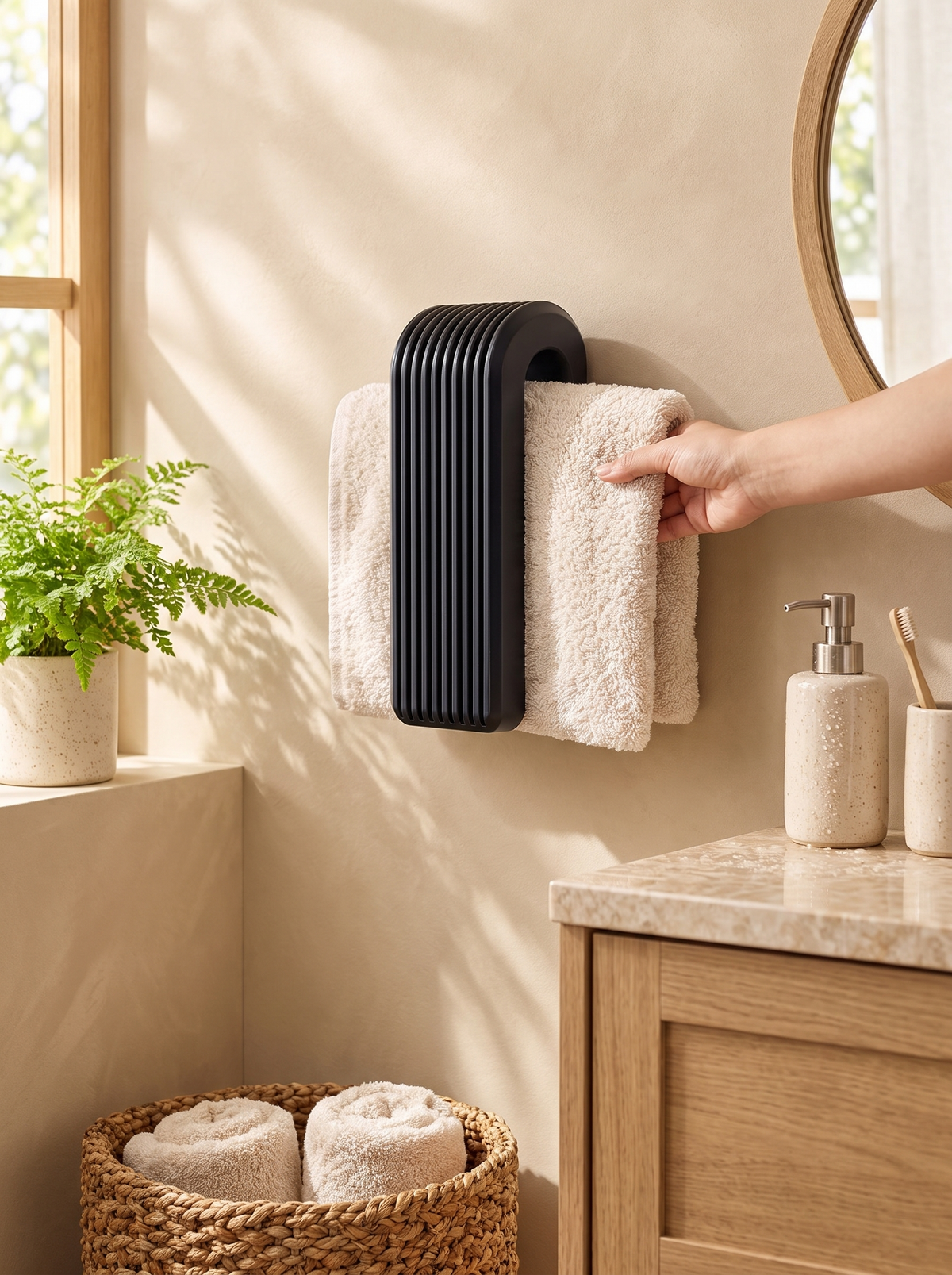 Gravity Auto-Locking Towel Hanger in a lifestyle setting: No More Fallen Towels