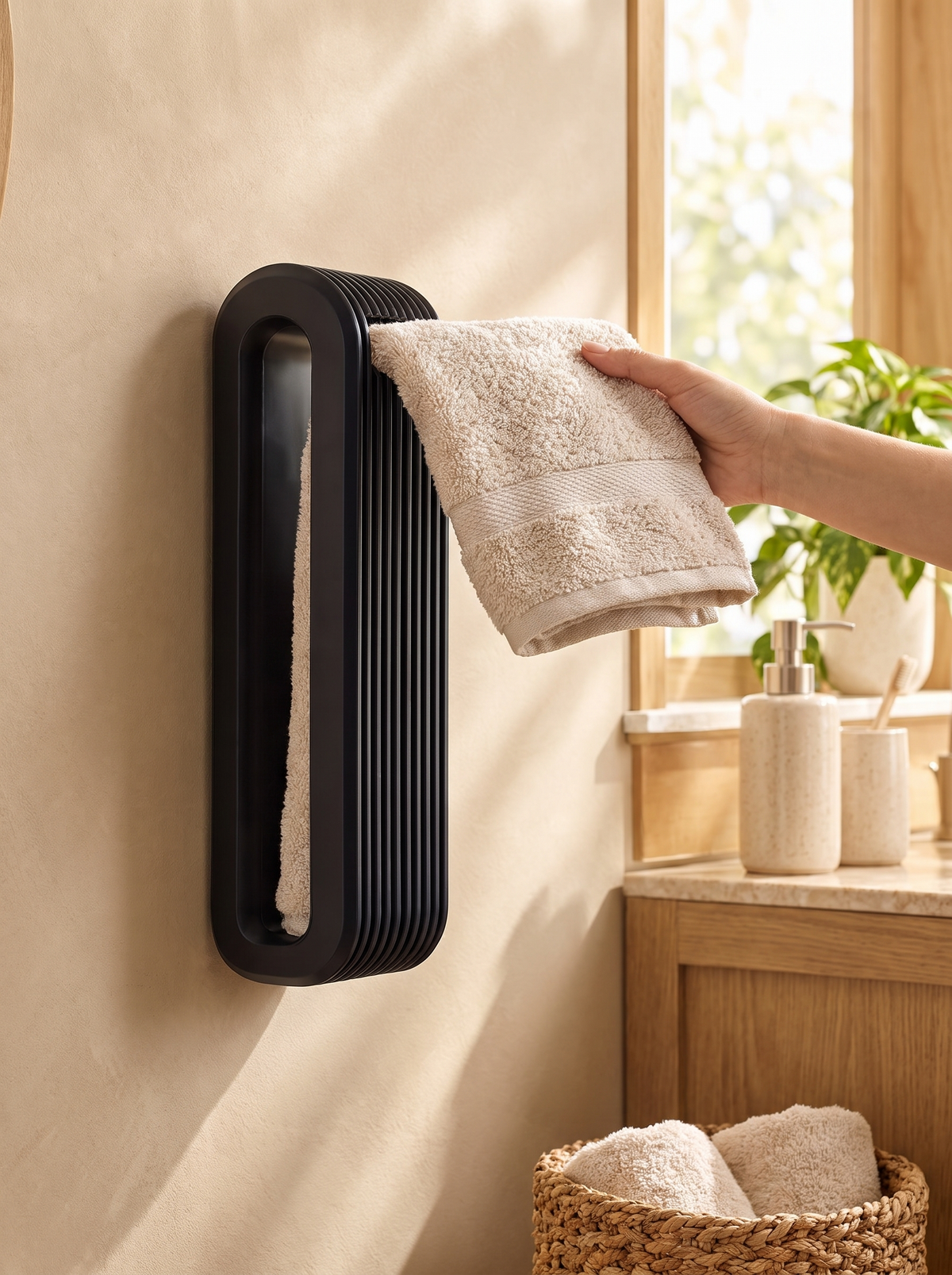 Gravity Auto-Locking Towel Hanger in a lifestyle setting: Gravity Does the Work