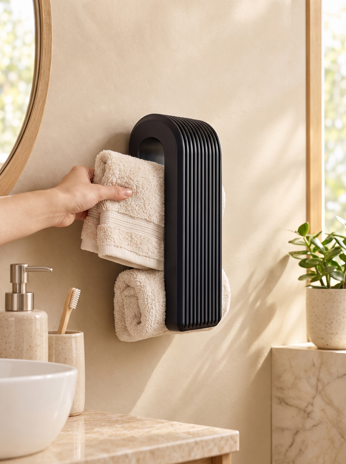 Gravity Auto-Locking Towel Hanger in a lifestyle setting: Clever and Giftable